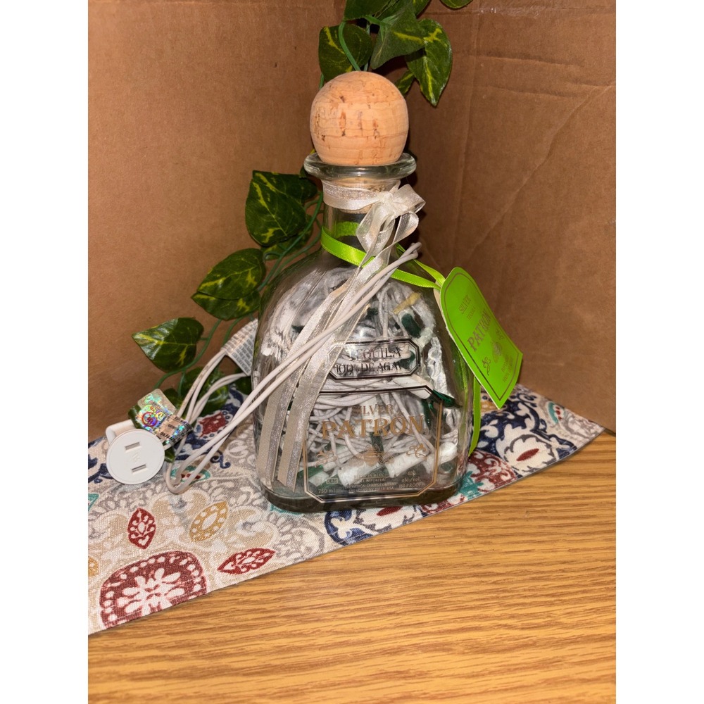 Silver Patron Tequila Repurposed 750ml Bottle Light Upcycled Bar Decor Lamp